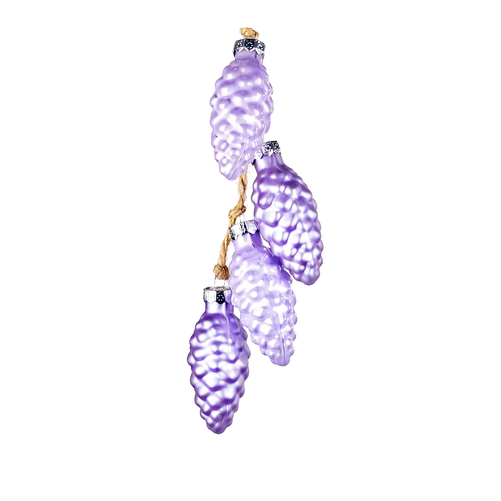 Glass christmas decoration Pinecones on rope, 4pcs, Purple