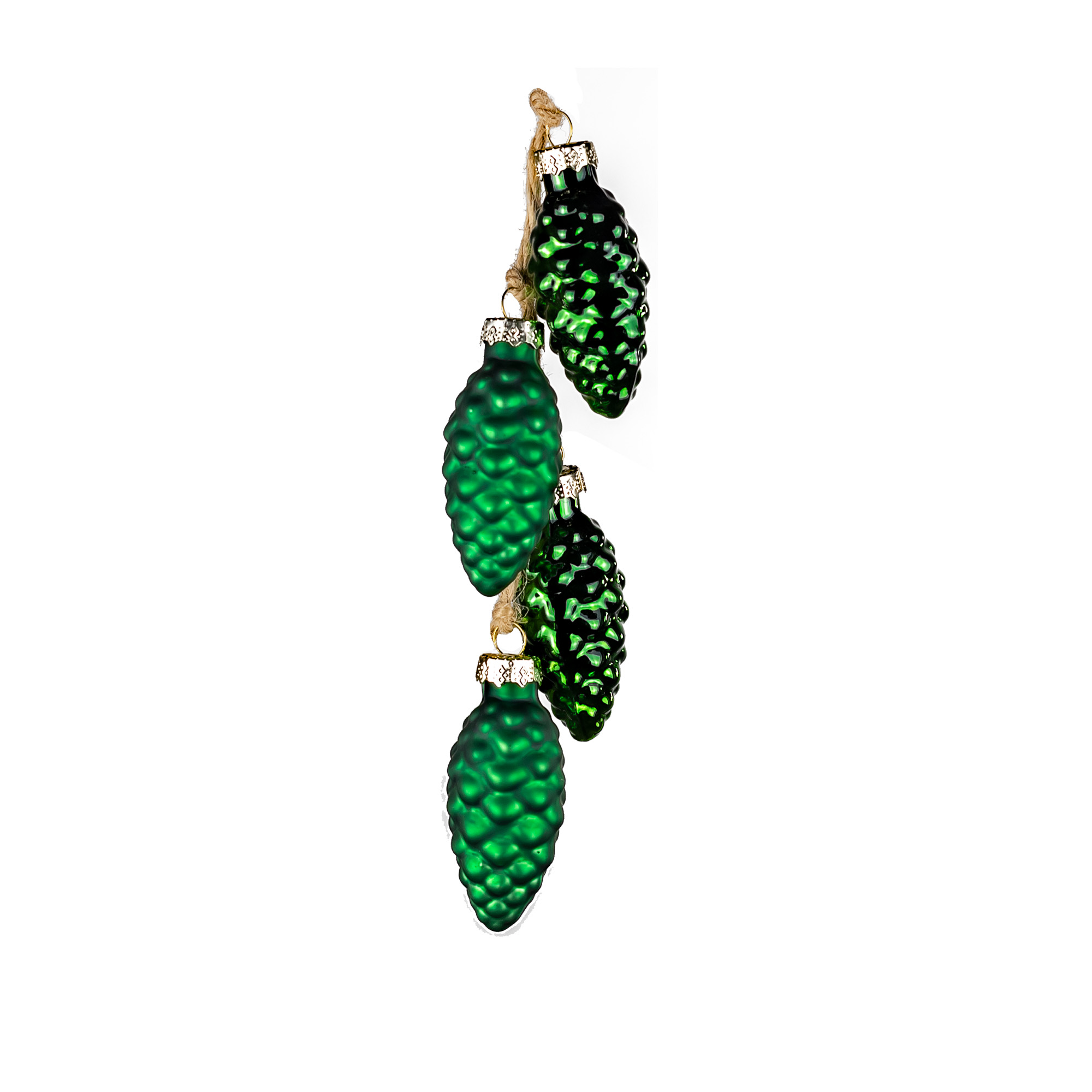 Glass christmas decoration Pinecones on rope, 4pcs, Green