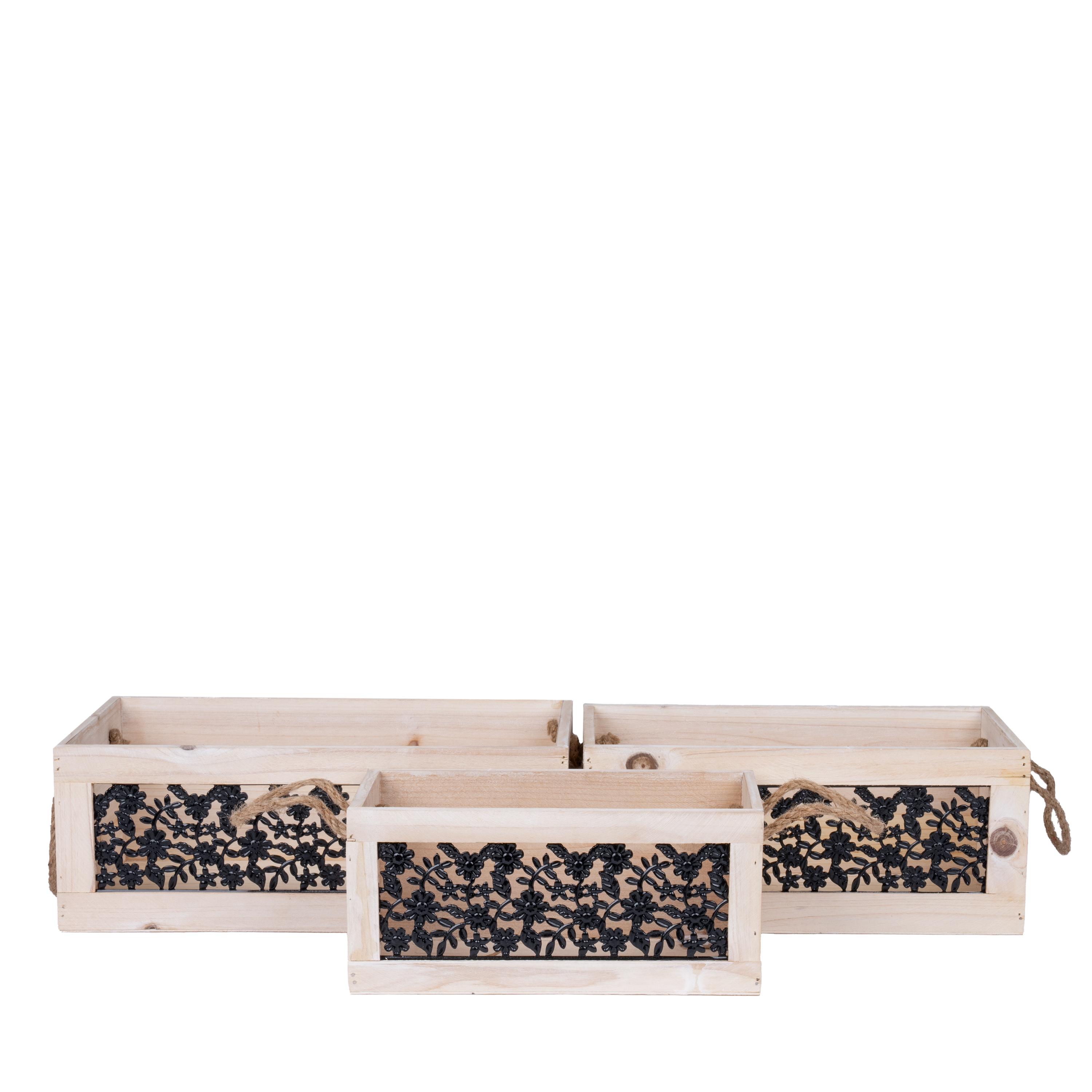 Wooden box with metal decoration 32x18xH12cm, 27x16xH9cm, 24x12xH11cm,3pcs