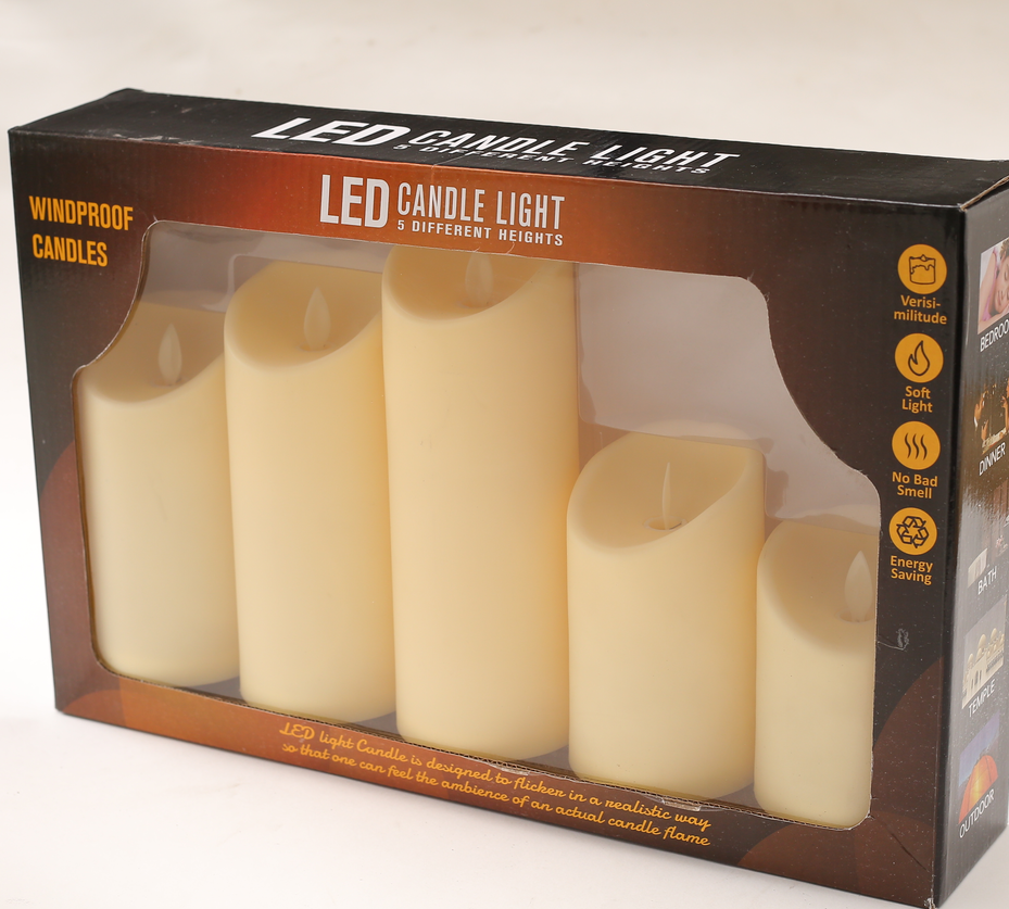LED Candles, 7.5X9.5cm, 7.5X12.5cm, 7.5X19.5cm, 7.5X17.5cm, 7.5X14.5cm, 5 pcs