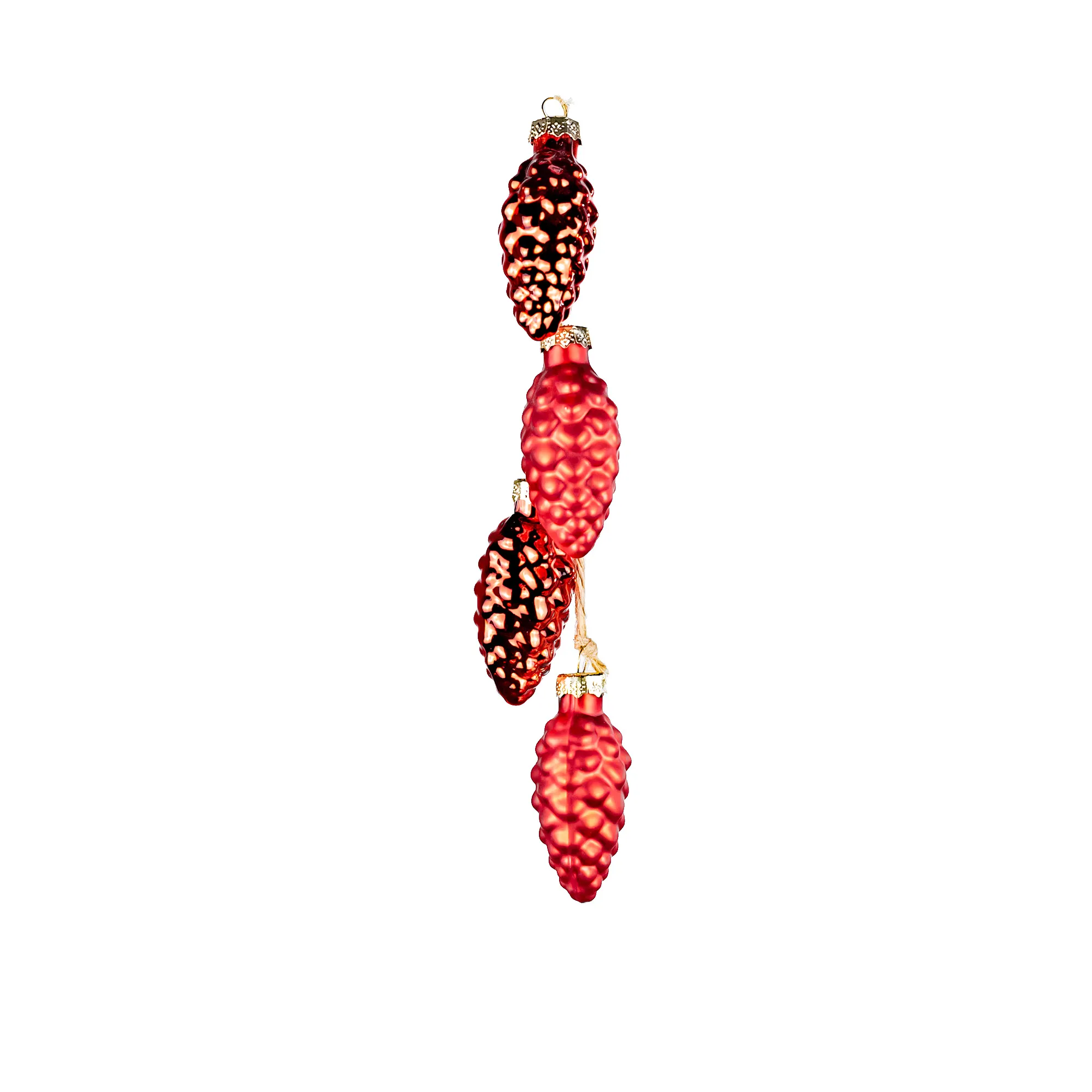 Glass christmas decoration Pinecones on rope, 4pcs, Red