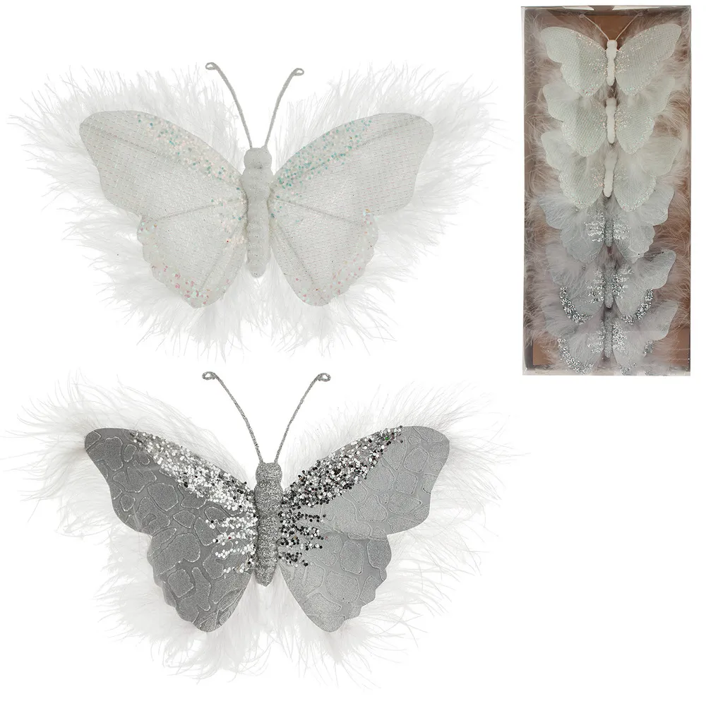 Christmas feather butterfly on clip , 6pcs