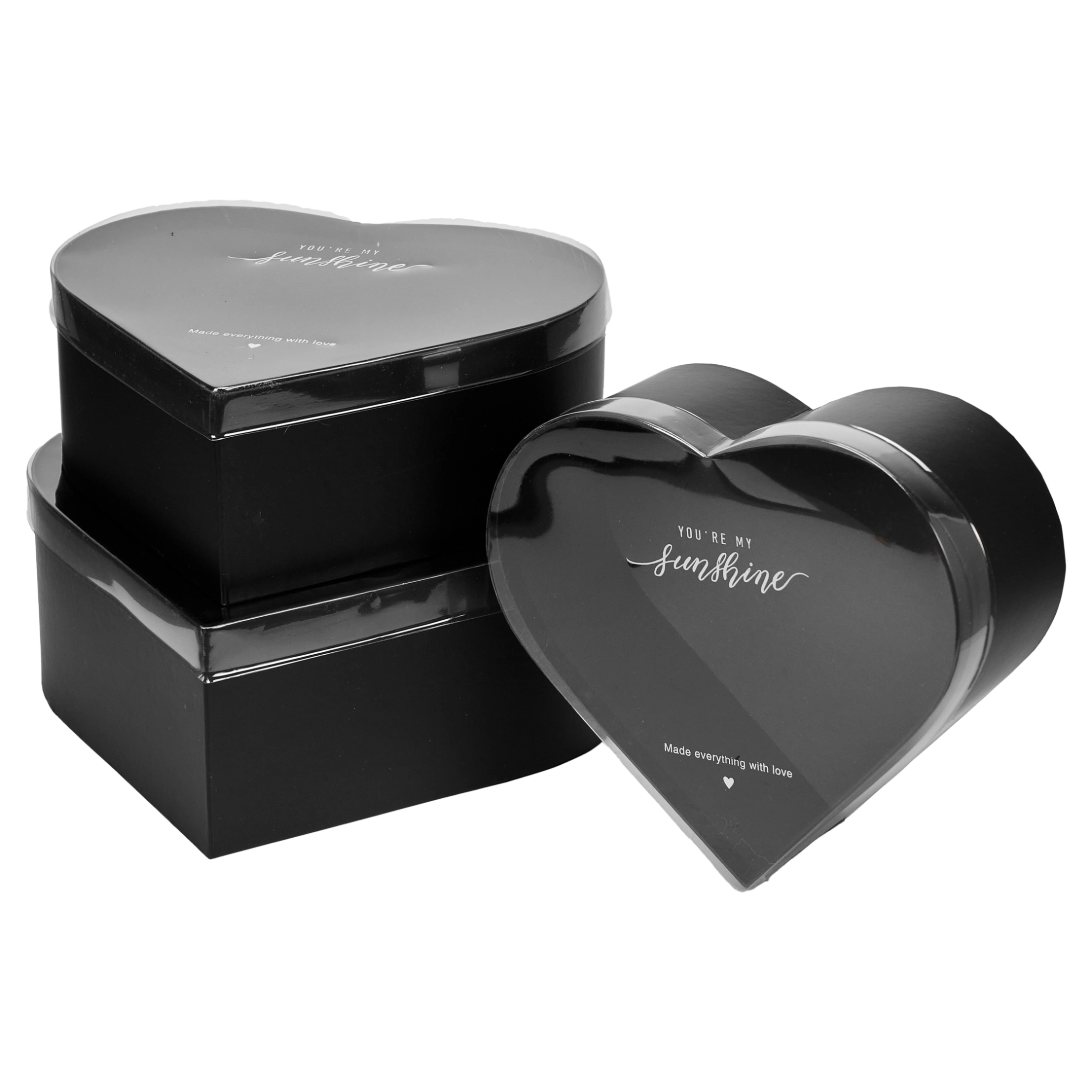 Flower box Heart with transparent lead 28x25x11, 25x23x10, 23x21x9 cm Black