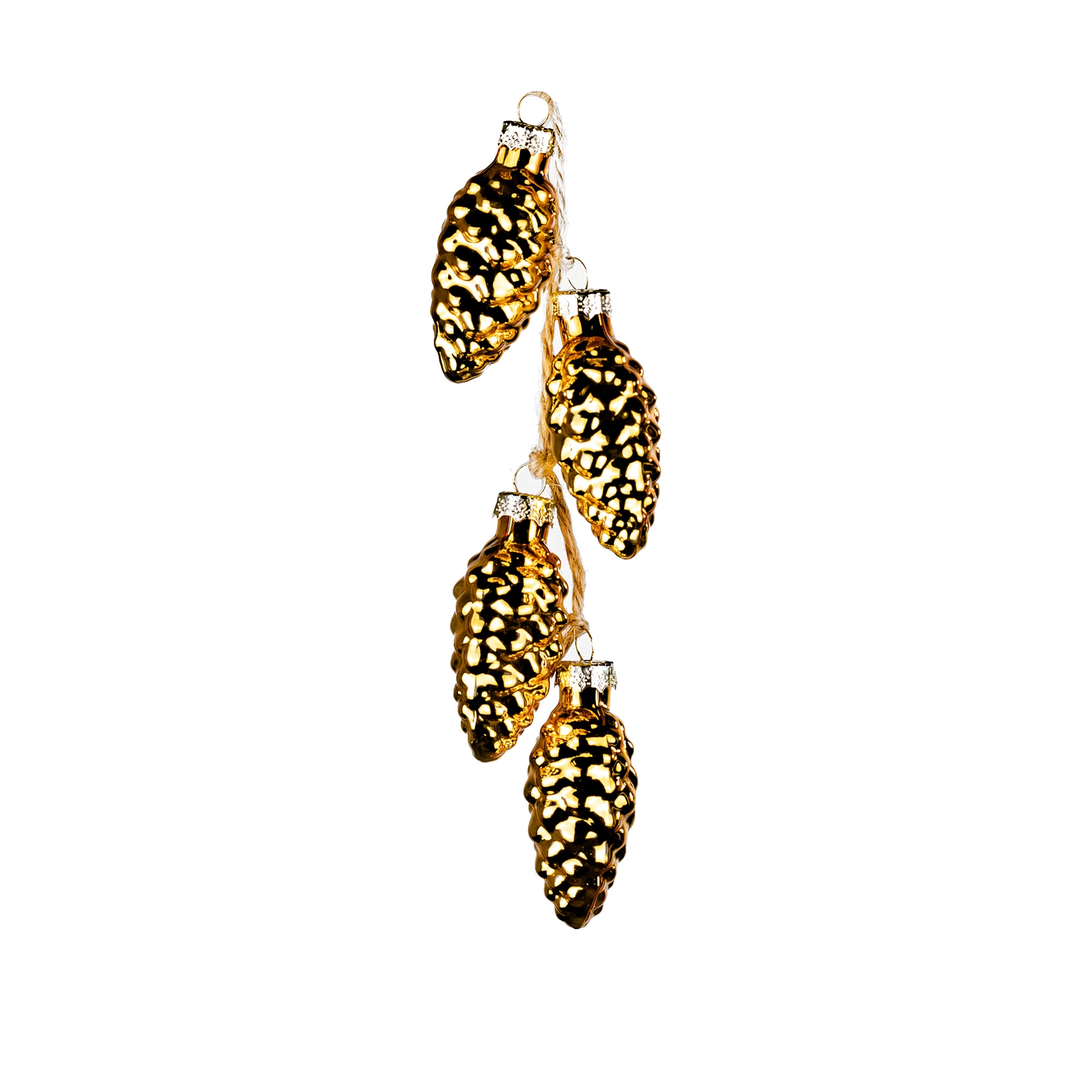 Glass Christmas decoration Pinecones on rope, 4pcs, Gold