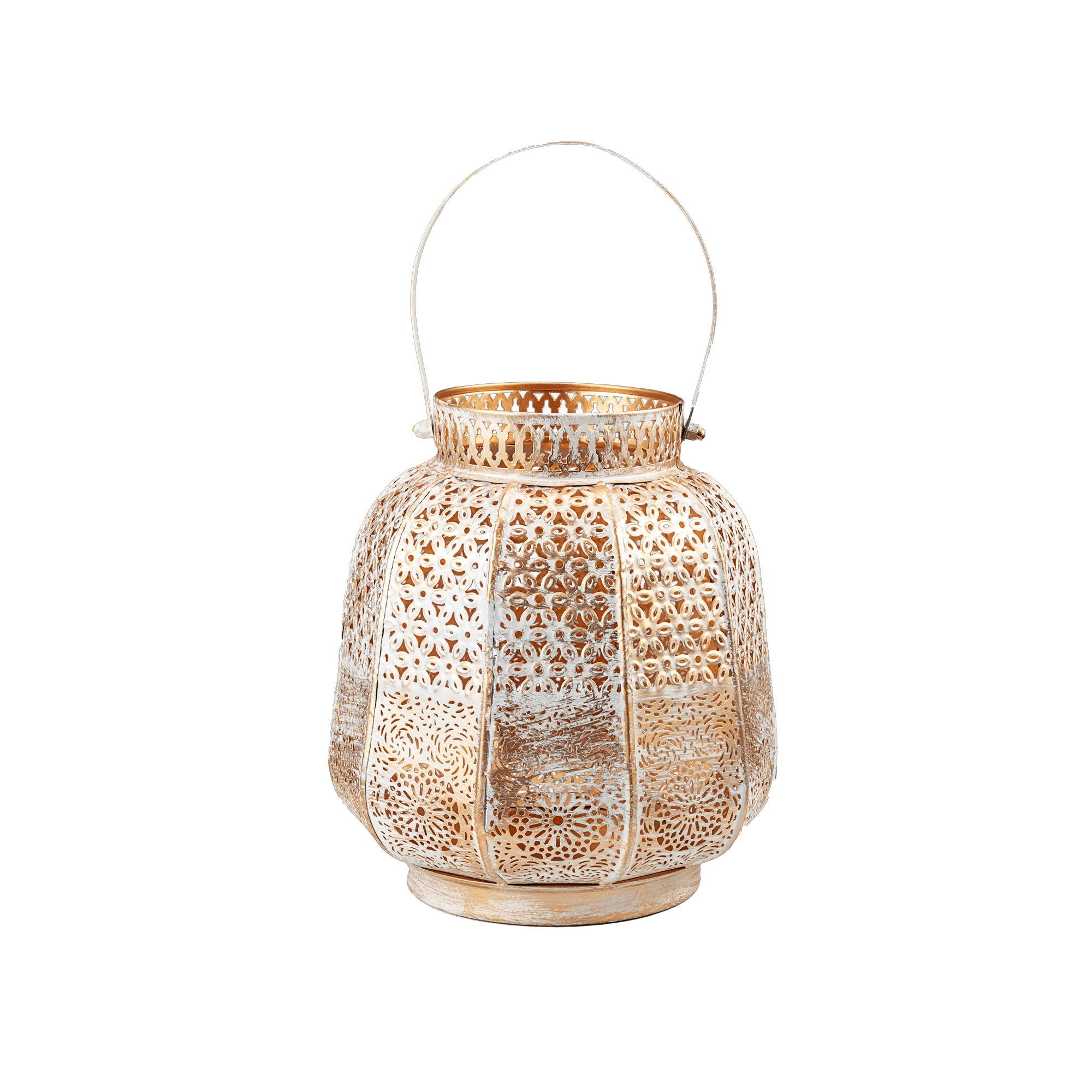 Metal lantern with handle 20×20×H23cm White and gold | Wholesale flowers, plants and supplies Metal lantern with handle 20×20×H23cm White and gold