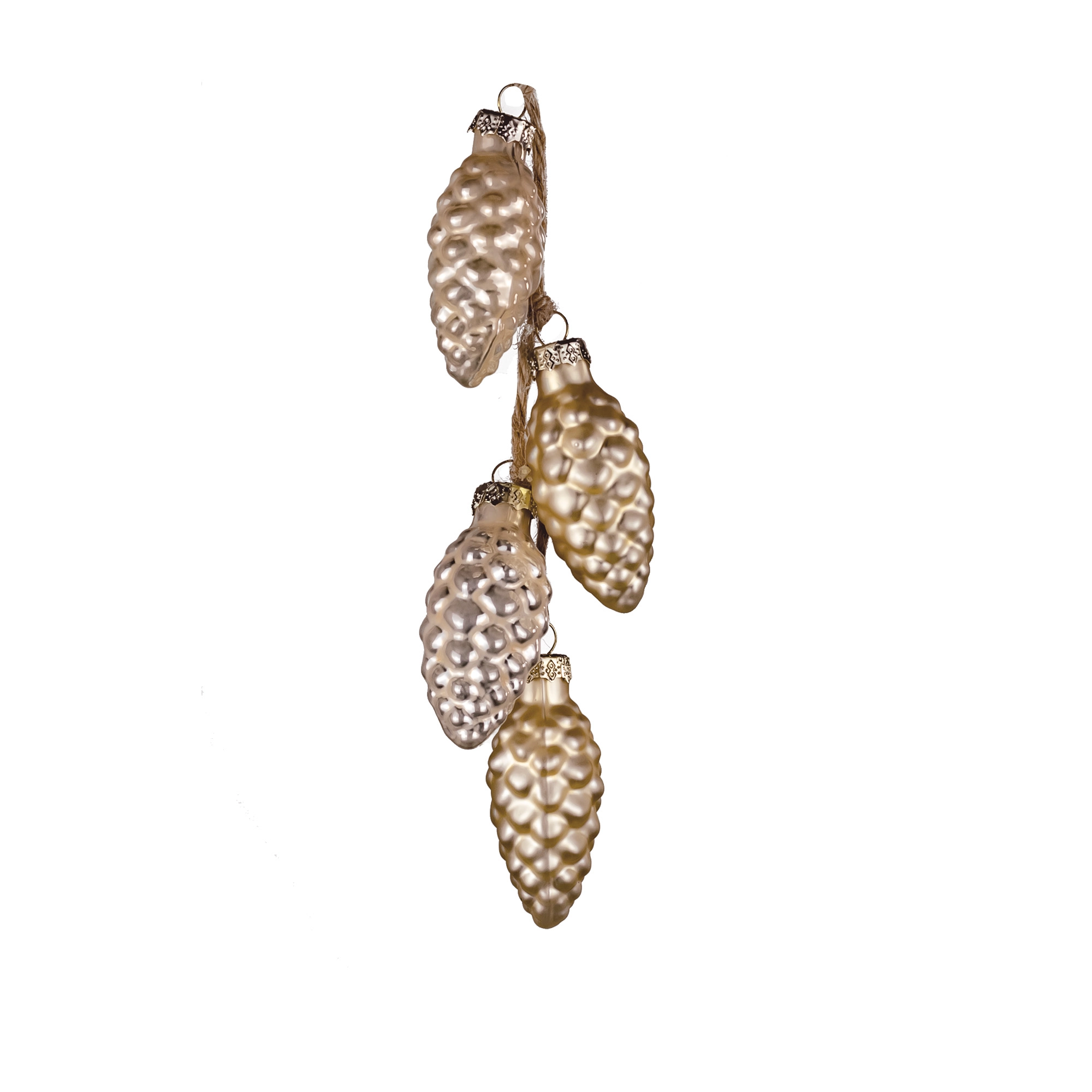 Glass Christmas decoration Pinecones on rope, 4pcs, Champagne