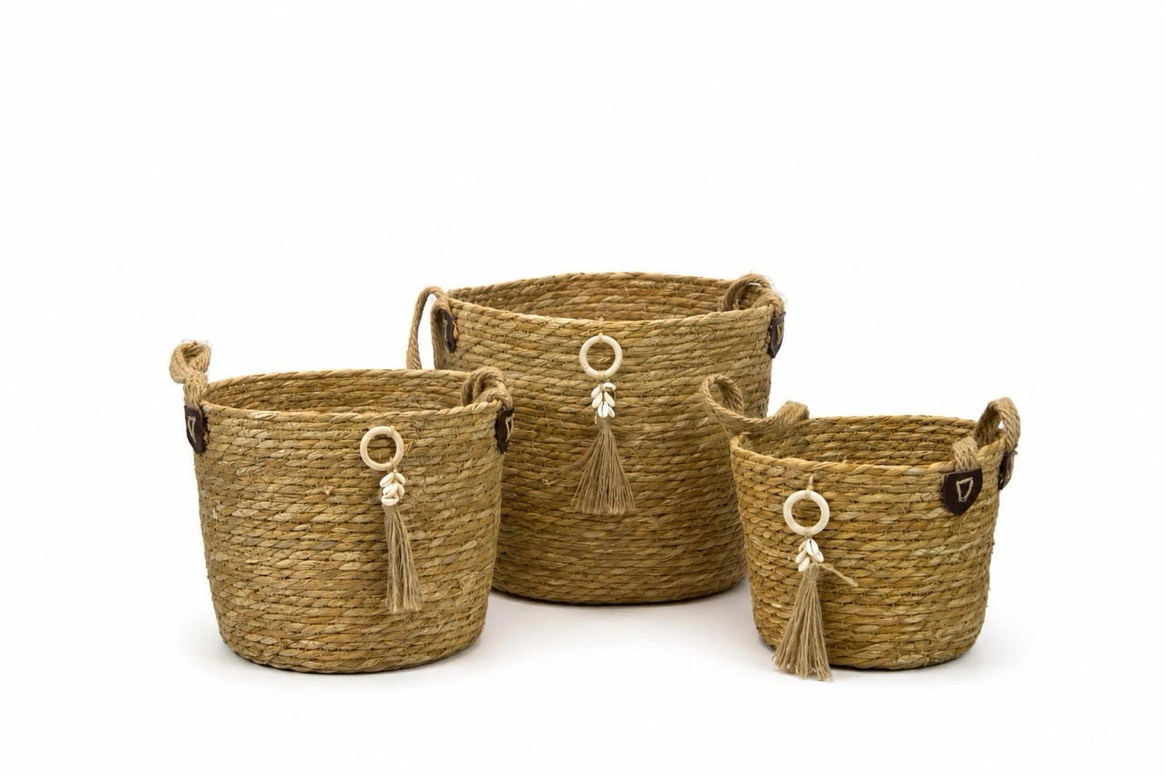 Seagrass baskets D30xH30, D26xH24, D22xH20 cm, 3 pcs