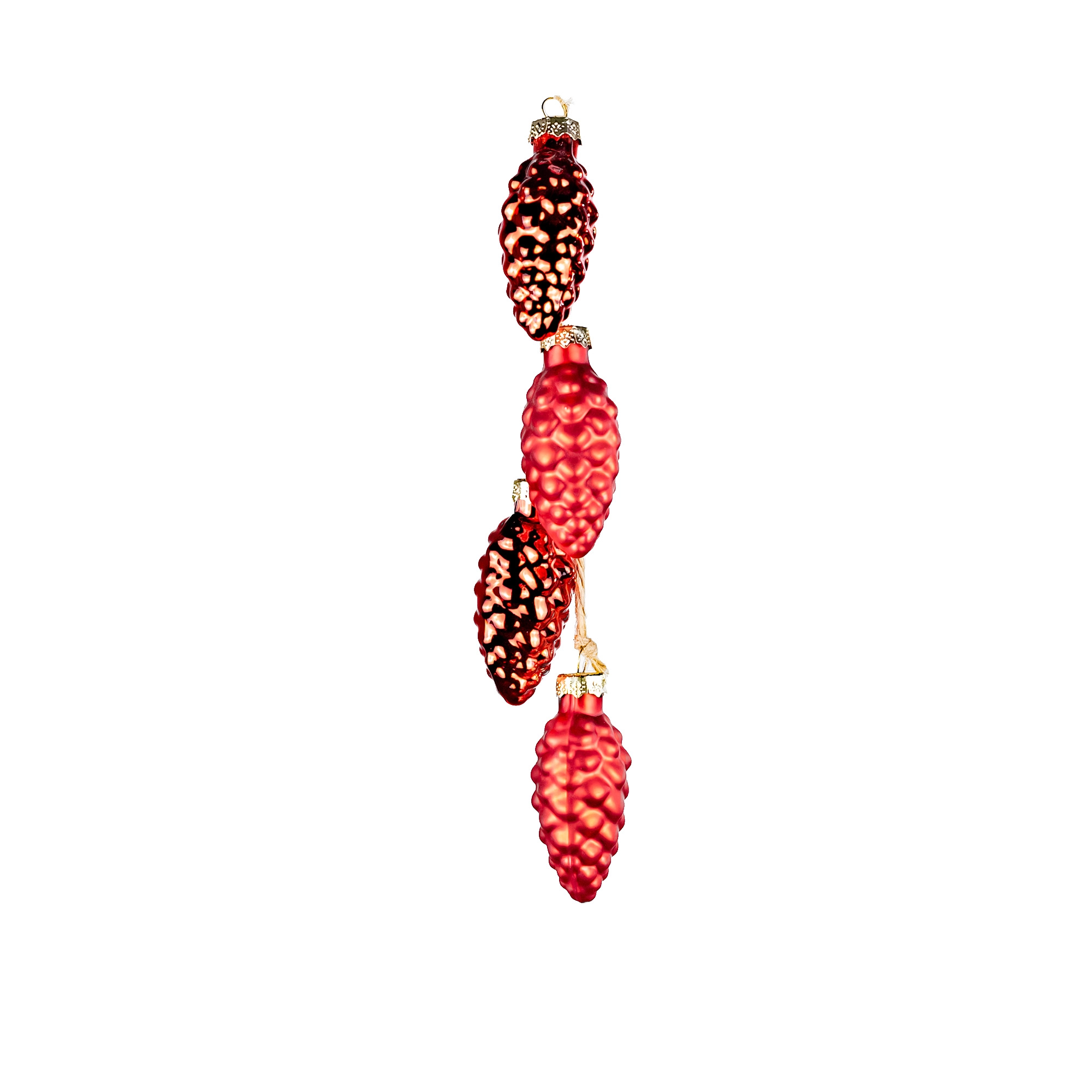 Glass Christmas decoration Pinecones on rope, 4pcs, Red