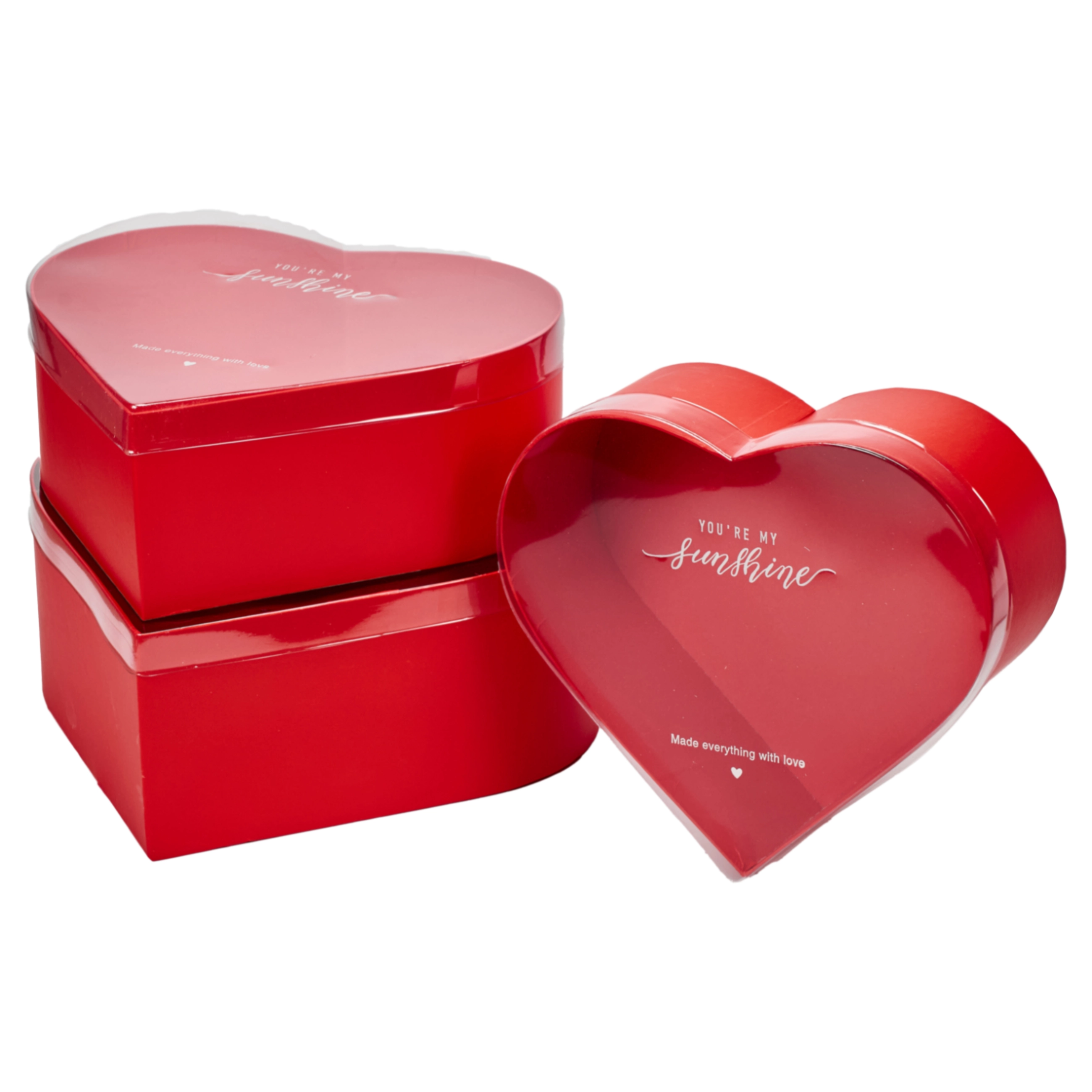 Flower box Heart with transparent lead 28x25x11, 25x23x10, 23x21x9 cm Red
