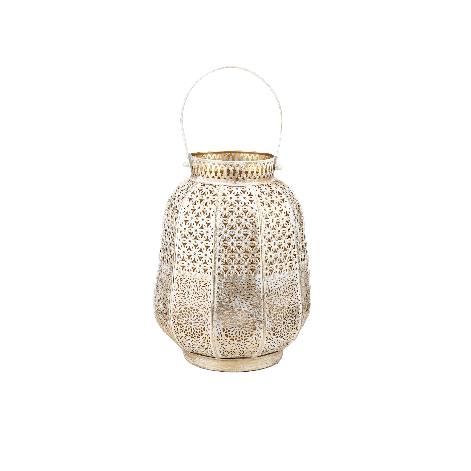Metal lantern with handle 23×23×H29 cm White and gold | Wholesale flowers, plants and supplies Metal lantern with handle 23×23×H29 cm White and gold